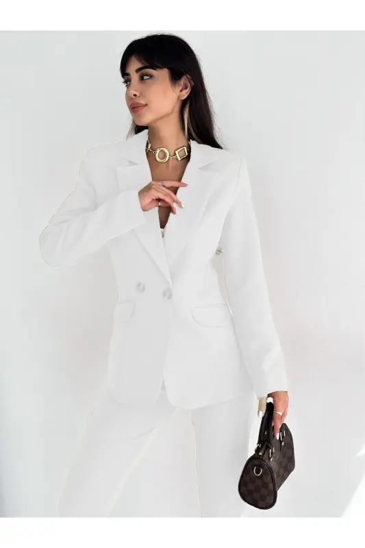 B.Beyaz Kruvaze Blazer Ceket Havuç Pantolon Takım Elbise-B.Beyaz - DIAVES
