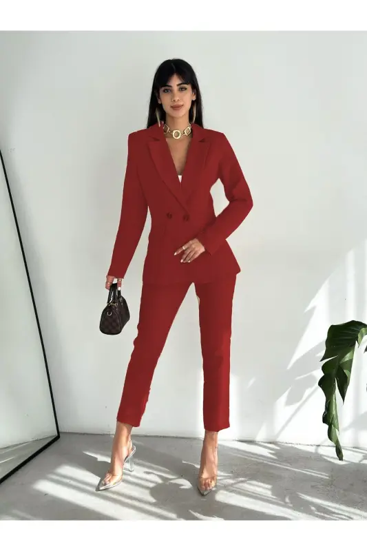 B.Bordo Kruvaze Blazer Ceket Havuç Pantolon Takım Elbise-B.Bordo - 2
