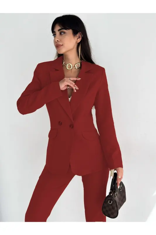 B.Bordo Kruvaze Blazer Ceket Havuç Pantolon Takım Elbise-B.Bordo - 1