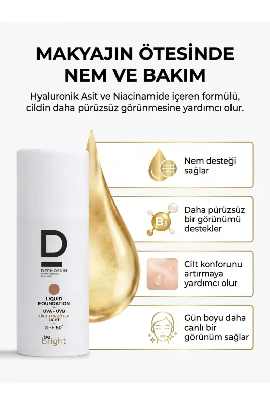 Be Bright Likit Fondöten Light SPF50+ | UVA&UVB Güneş Koruyucu | Yüksek Kapatıcı Fondöten | 33 ml - no color - 7