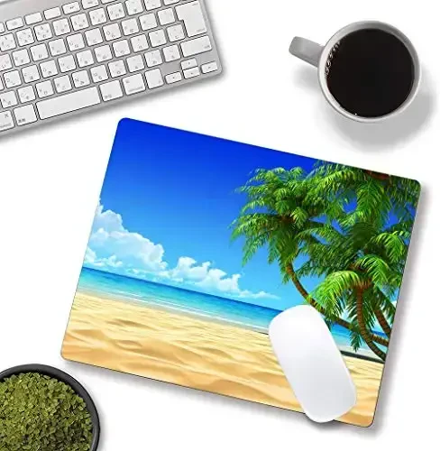 Beach Mouse Pad, Mouse Mat Square Suv o'tkazmaydigan sichqoncha yostig'i Ofis uy noutbuki uchun sirpanmaydigan kauchuk asosli sichqoncha yostiqchalari, plyaj va kokos daraxtlari dizayni - 4