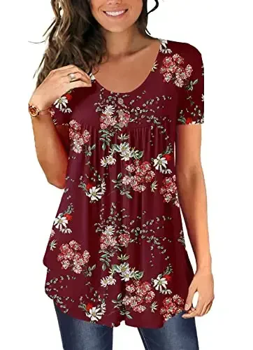 BeadChica Women's Casual Tunic Tops To Wear With Leggings Short Sleeve Flare Summer Loose TShirts Flowy Lace Blouses 