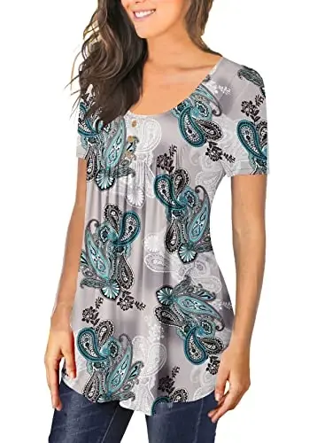 BeadChica Women's Casual Tunic Tops To Wear With Leggings Short Sleeve Flare Summer Loose TShirts Flowy Lace Blouses - 2