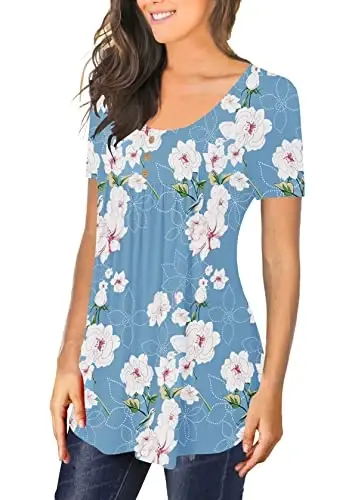 BeadChica Women's Casual Tunic Tops To Wear With Leggings Short Sleeve Flare Summer Loose TShirts Flowy Lace Blouses - 2