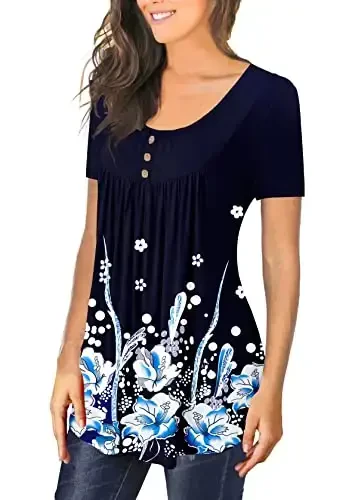 BeadChica Women's Casual Tunic Tops To Wear With Leggings Short Sleeve Flare Summer Loose TShirts Flowy Lace Blouses - 2