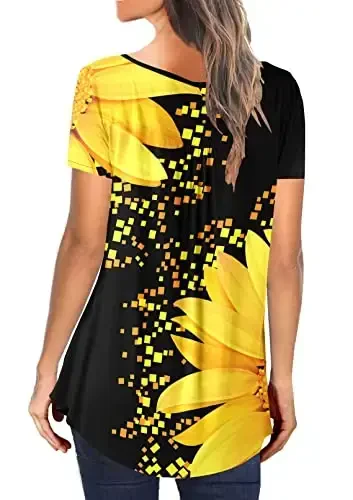 BeadChica Women's Casual Tunic Tops To Wear With Leggings Short Sleeve Flare Summer Loose TShirts Flowy Lace Blouses - 3