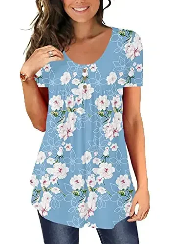 BeadChica Women's Casual Tunic Tops To Wear With Leggings Short Sleeve Flare Summer Loose TShirts Flowy Lace Blouses - 1