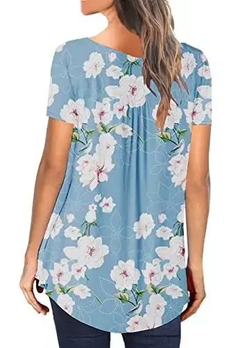 BeadChica Women's Casual Tunic Tops To Wear With Leggings Short Sleeve Flare Summer Loose TShirts Flowy Lace Blouses - 3