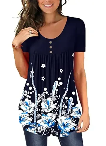 BeadChica Women's Casual Tunic Tops To Wear With Leggings Short Sleeve Flare Summer Loose TShirts Flowy Lace Blouses 