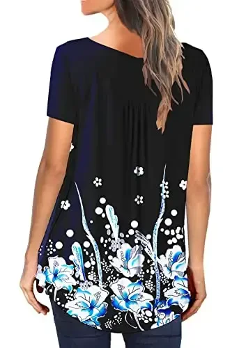 BeadChica Women's Casual Tunic Tops To Wear With Leggings Short Sleeve Flare Summer Loose TShirts Flowy Lace Blouses - 3