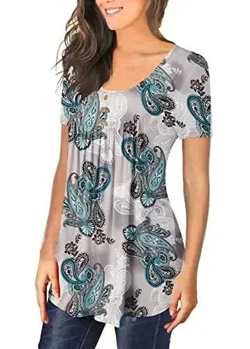 BeadChica Women's Casual Tunic Tops To Wear With Leggings Short Sleeve Flare Summer Loose TShirts Flowy Lace Blouses - 2