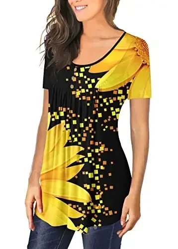 BeadChica Женские повседневные туники, топы для ношения с леггинсами, короткий рукав, расклешенные летние свободные футболки, струящиеся кружевные блузки - 2