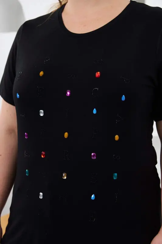 Beaded and Stone Embellished Plus Size T-Shirt Black - 6