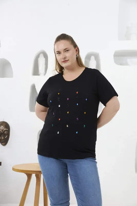 Beaded and Stone Embellished Plus Size T-Shirt Black - 1