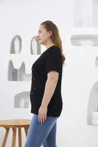 Beaded and Stone Embellished Plus Size T-Shirt Black - 9