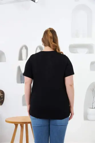 Beaded and Stone Embellished Plus Size T-Shirt Black - 7
