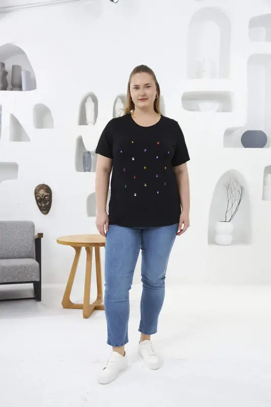 Beaded and Stone Embellished Plus Size T-Shirt Black - 4