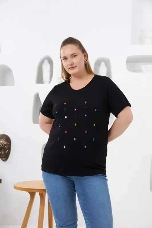 Beaded and Stone Embellished Plus Size T-Shirt Black - BÜYÜKBEDENIZ