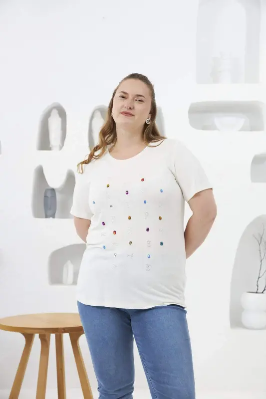 Beaded and Stone Embellished Plus Size T-Shirt White - BÜYÜKBEDENIZ