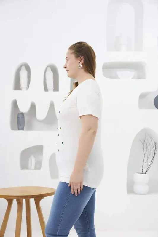 Beaded and Stone Embellished Plus Size T-Shirt White - 3