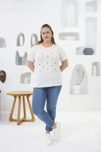 Beaded and Stone Embellished Plus Size T-Shirt White - 4