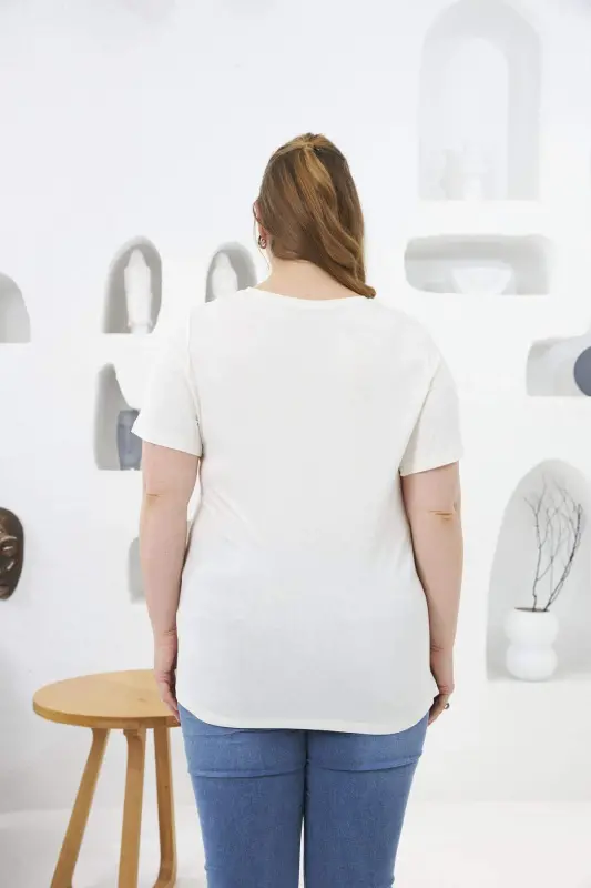 Beaded and Stone Embellished Plus Size T-Shirt White - 5