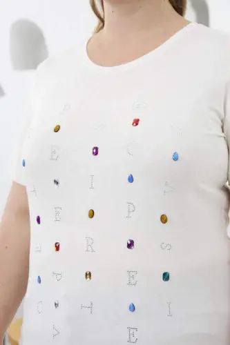 Beaded and Stone Embellished Plus Size T-Shirt White - BÜYÜKBEDENIZ (1)