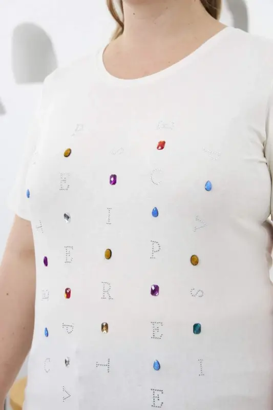 Beaded and Stone Embellished Plus Size T-Shirt White - 2