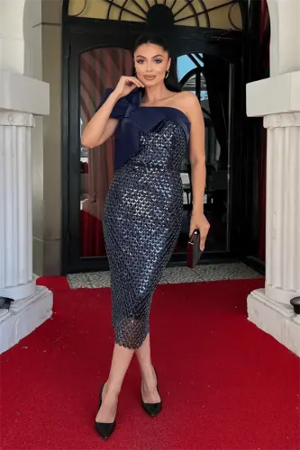 Beaded Fabric Bow Detailed Pencil Dress - NAVY BLUE - BÜYÜKBEDENIZ (1)