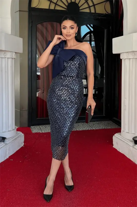 Beaded Fabric Bow Detailed Pencil Dress - NAVY BLUE - 2