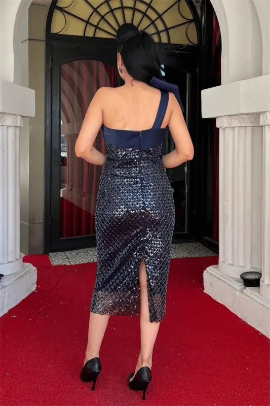 Beaded Fabric Bow Detailed Pencil Dress - NAVY BLUE - 5