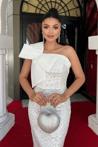 Beaded Fabric Bow Detailed Pencil Dress - WHITE - 3