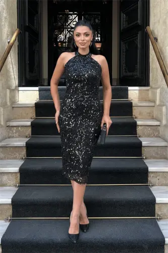 Beaded Fabric Halter Neck Pencil Dress - BLACK - 1