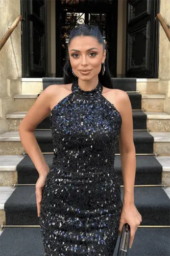 Beaded Fabric Halter Neck Pencil Dress - BLACK - 3