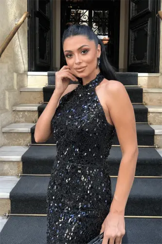 Beaded Fabric Halter Neck Pencil Dress - BLACK - 4