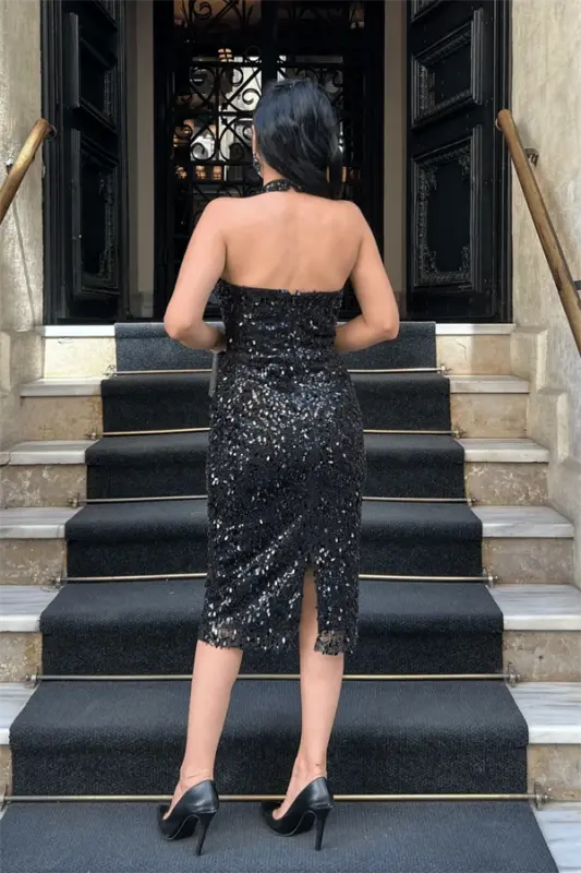 Beaded Fabric Halter Neck Pencil Dress - BLACK - 5