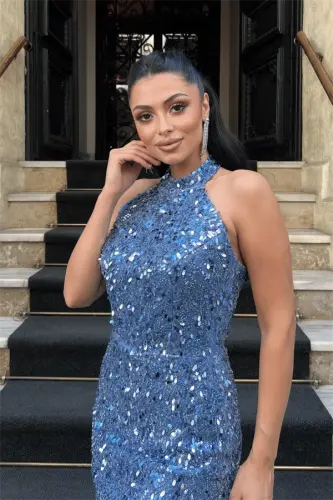 Beaded Fabric Halter Neck Pencil Dress - INDIGO BLUE - 3