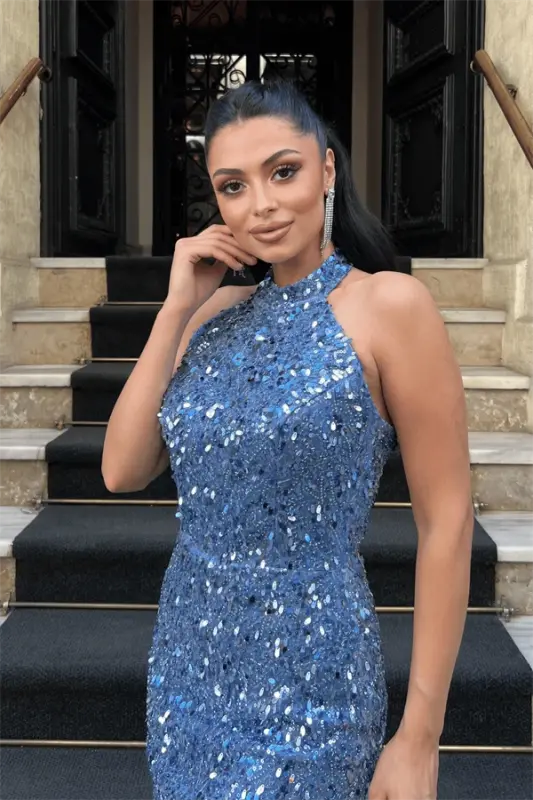 Beaded Fabric Halter Neck Pencil Dress - INDIGO BLUE - 3