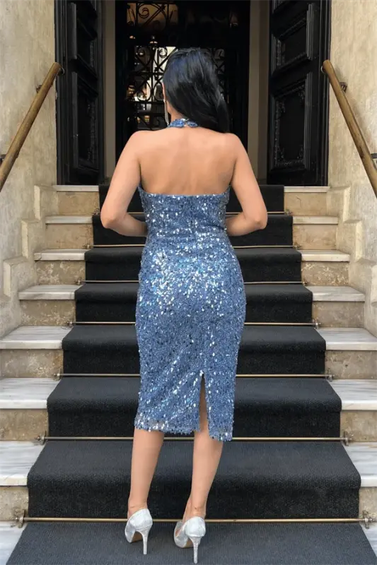 Beaded Fabric Halter Neck Pencil Dress - INDIGO BLUE - 5