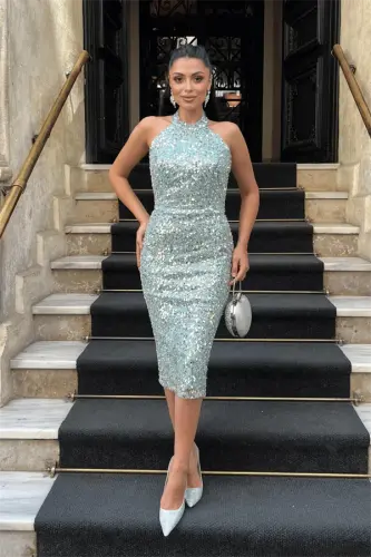 Beaded Fabric Halter Neck Pencil Dress - MINT GREEN - 1