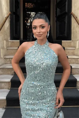 Beaded Fabric Halter Neck Pencil Dress - MINT GREEN - 3