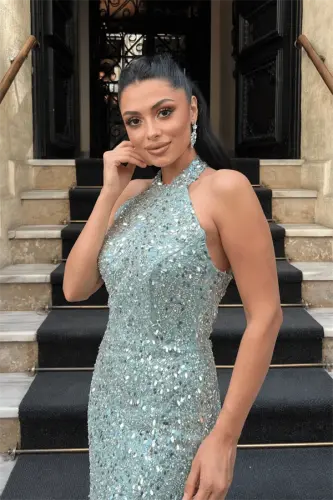 Beaded Fabric Halter Neck Pencil Dress - MINT GREEN - 4