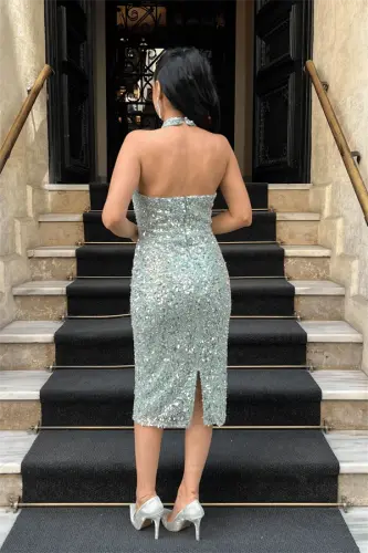 Beaded Fabric Halter Neck Pencil Dress - MINT GREEN - 5