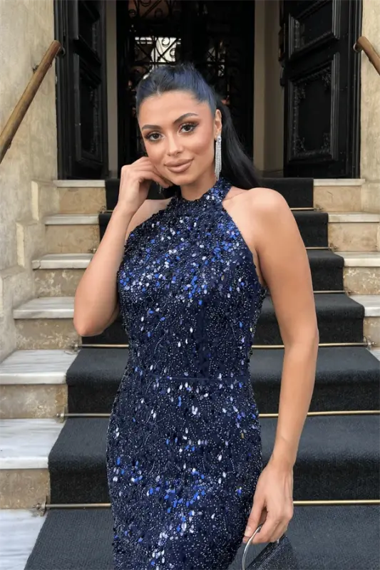 Beaded Fabric Halter Neck Pencil Dress - NAVY BLUE - 3