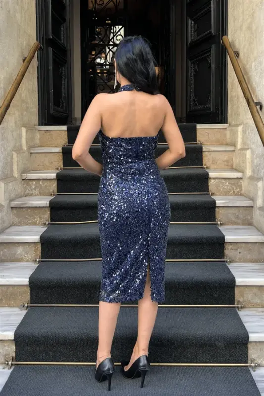 Beaded Fabric Halter Neck Pencil Dress - NAVY BLUE - 5