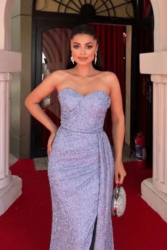 Beaded Fabric Shawl Detailed Evening Dress - BABY BLUE - 4