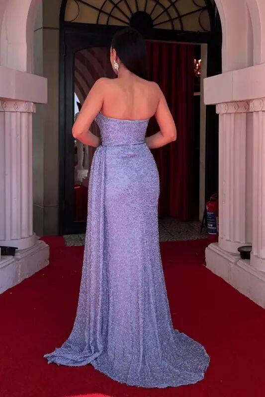Beaded Fabric Shawl Detailed Evening Dress - BABY BLUE - 5