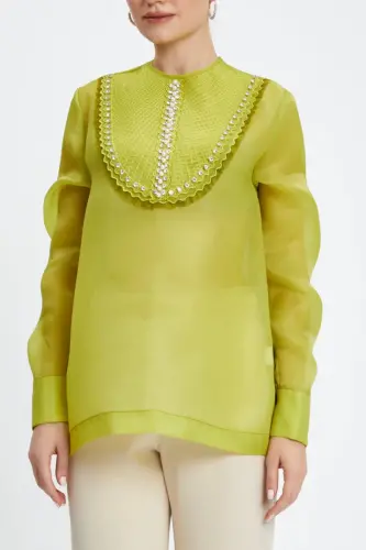 Beaded Knitted Embroidered Long Sleeve Acid Yellow Blouse 39546 - 3
