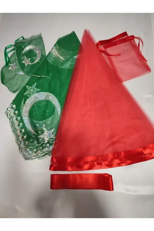 Beaded Red Bride and Crescent Groom Henna Veil Set with Henna Special Gloves and Belt - Emerald - SIRMALIHOME