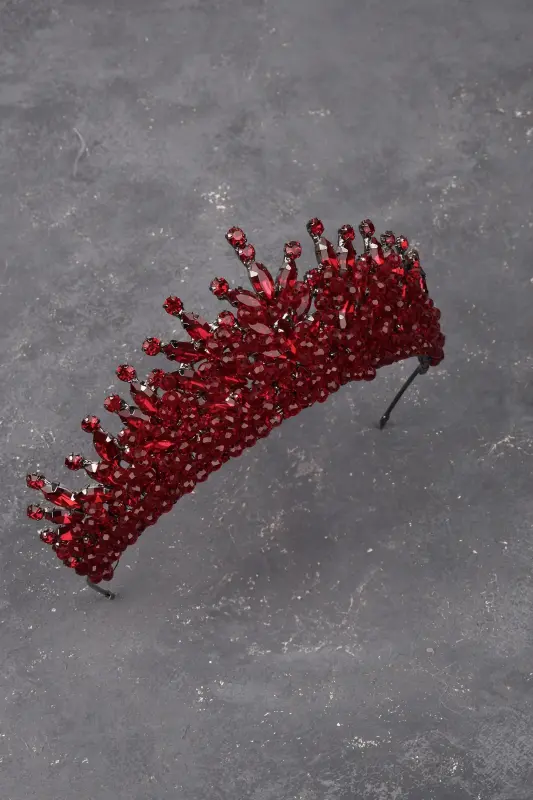 Beaded Rhinestone Embellished Crystal Rhinestone Bridal Henna Wedding Crown Burgundy-Burgundy - 3